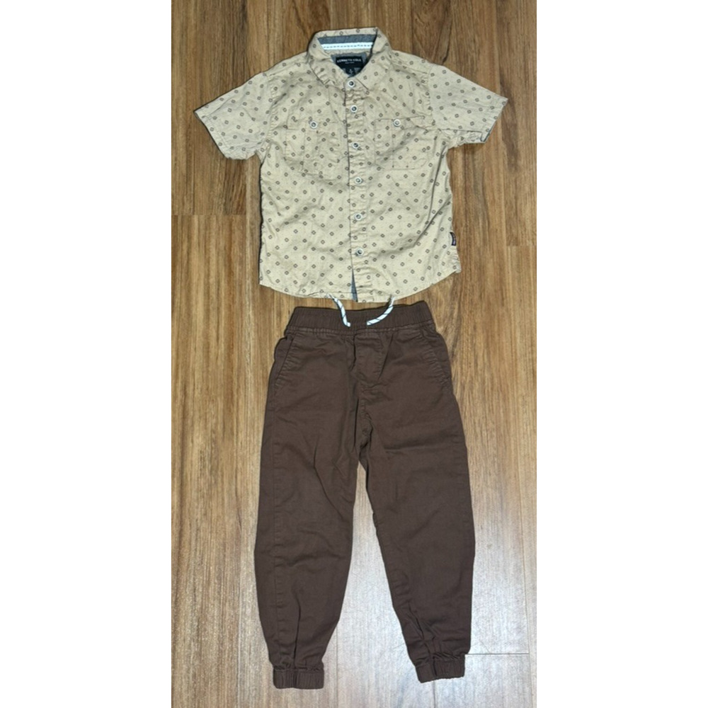 Kenneth Cole Boys Brown & Tan 2-Piece Set Shirt & Drawstring Pants - Size 4